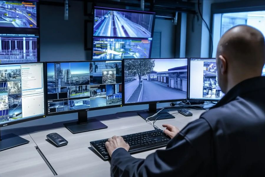 Mitarbeiter der Notruf- und Serviceleitstelle an der Monitorwand